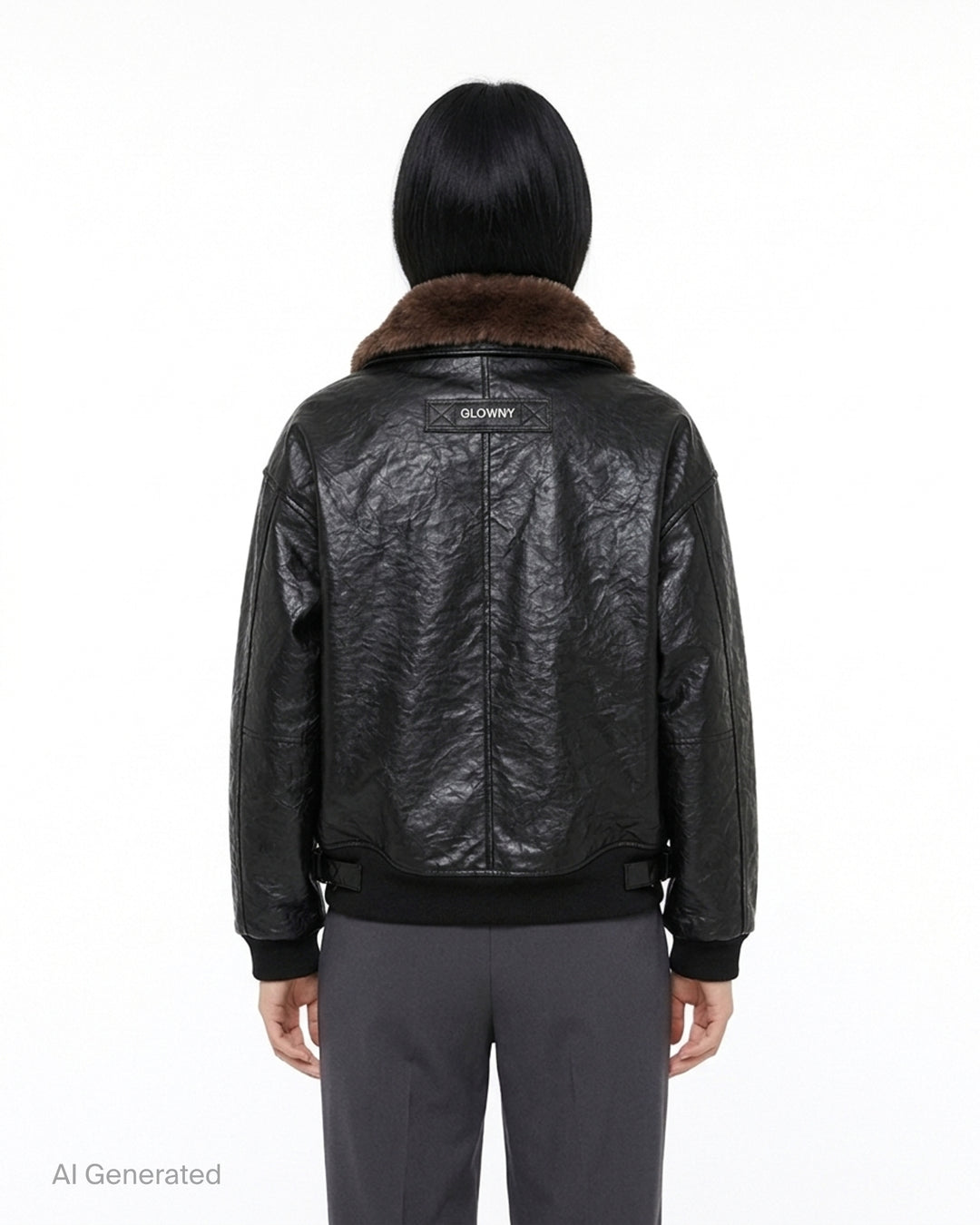 Glowny black crinkled leather aviator jacket with brown faux-fur collar, front flap pockets and ribbed cuffs and hem - back