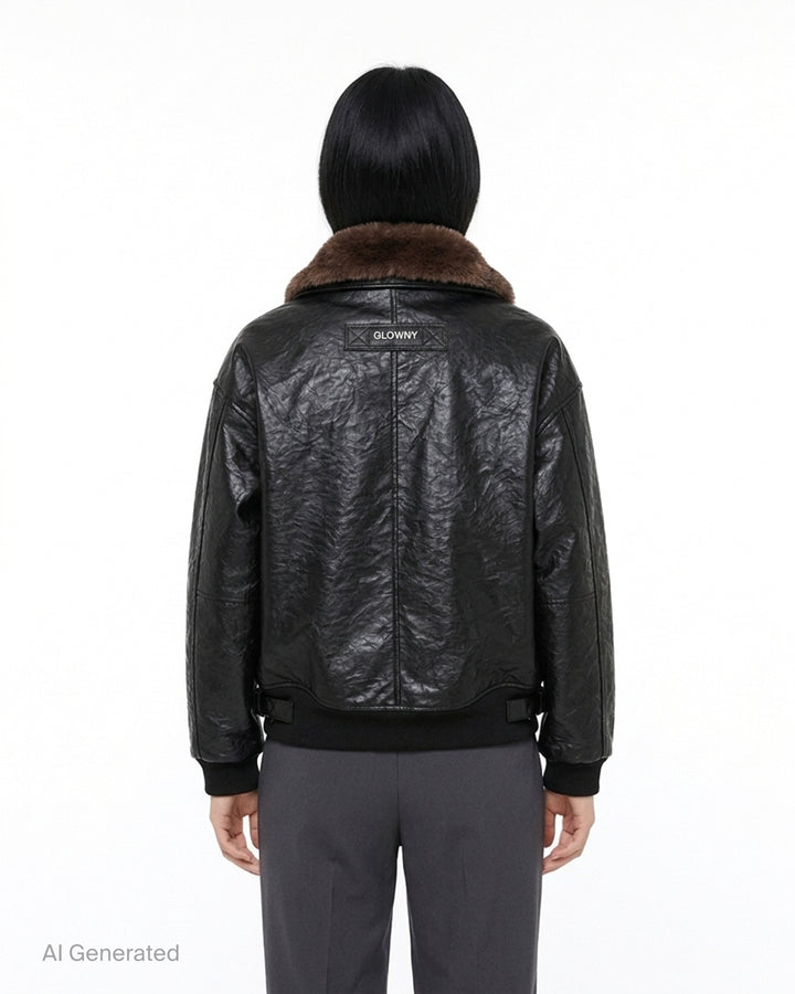 Glowny black crinkled leather aviator jacket with brown faux-fur collar, front flap pockets and ribbed cuffs and hem - back