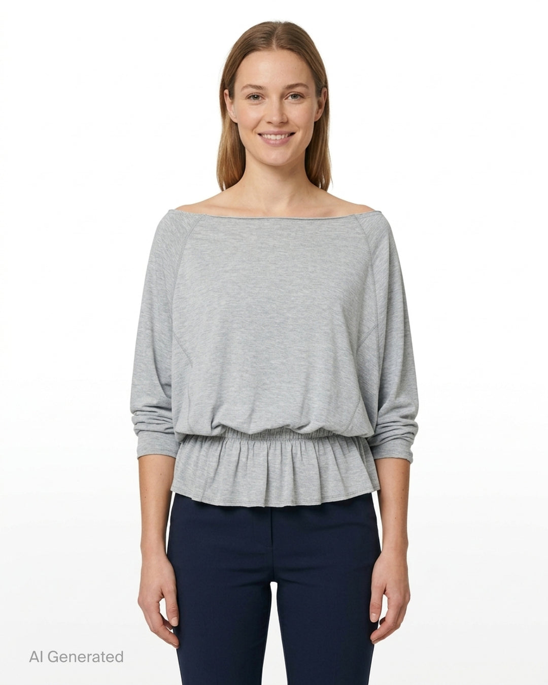 Glowny Sway Shirring Long Sleeve Blouse in heather grey, featuring a relaxed batwing silhouette, broad boat neckline, and an elasticated shirred frill hem - front