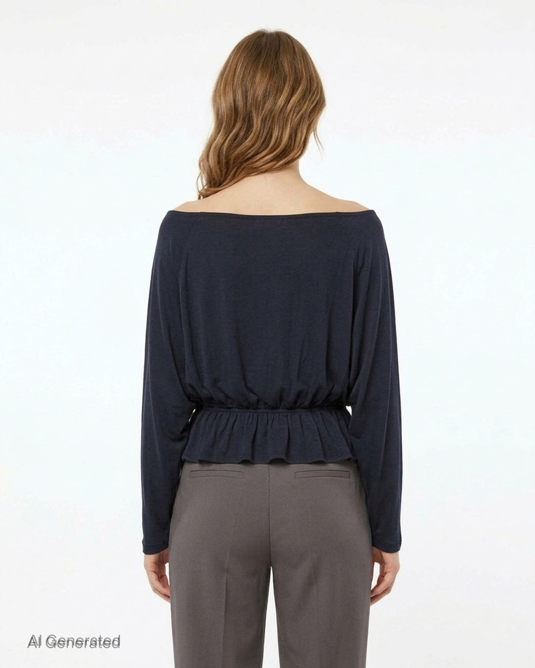 Glowny Sway Shirring Long Sleeve Blouse in heather grey, featuring a relaxed batwing silhouette, broad boat neckline, and an elasticated shirred frill hem - back
