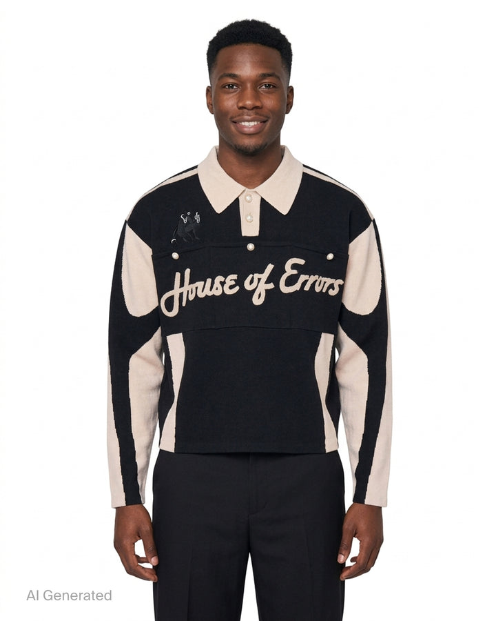 House of Errors Knitted Cat Burglar Rugby Shirt in black with cream panels, polo collar, pearl buttons and chenille script lettering - front