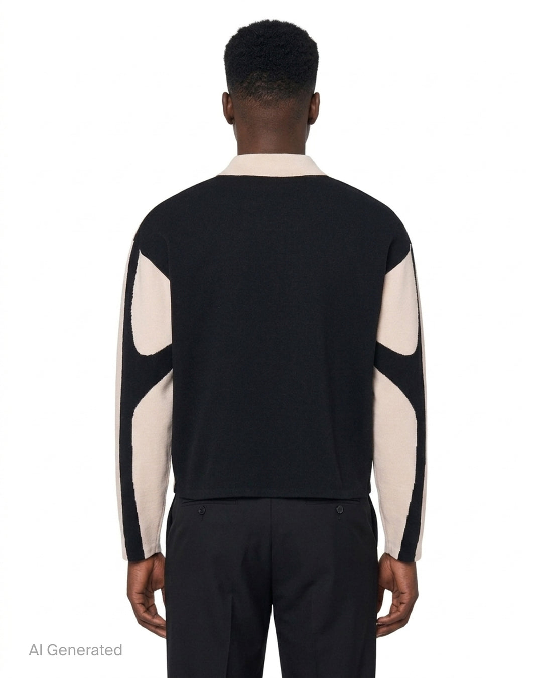 House of Errors Knitted Cat Burglar Rugby Shirt in black with cream panels, polo collar, pearl buttons and chenille script lettering - back