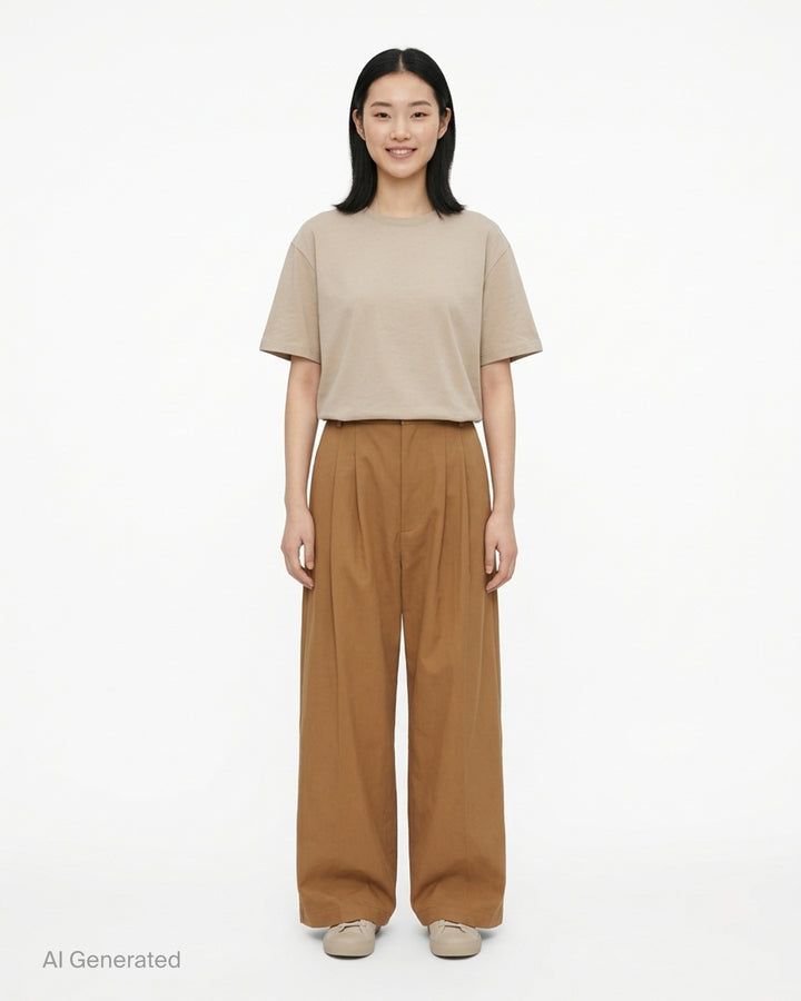 House of Errors pleated wide-leg trousers in camel brown, shown front-on with double front pleats and a high-rise waist - front