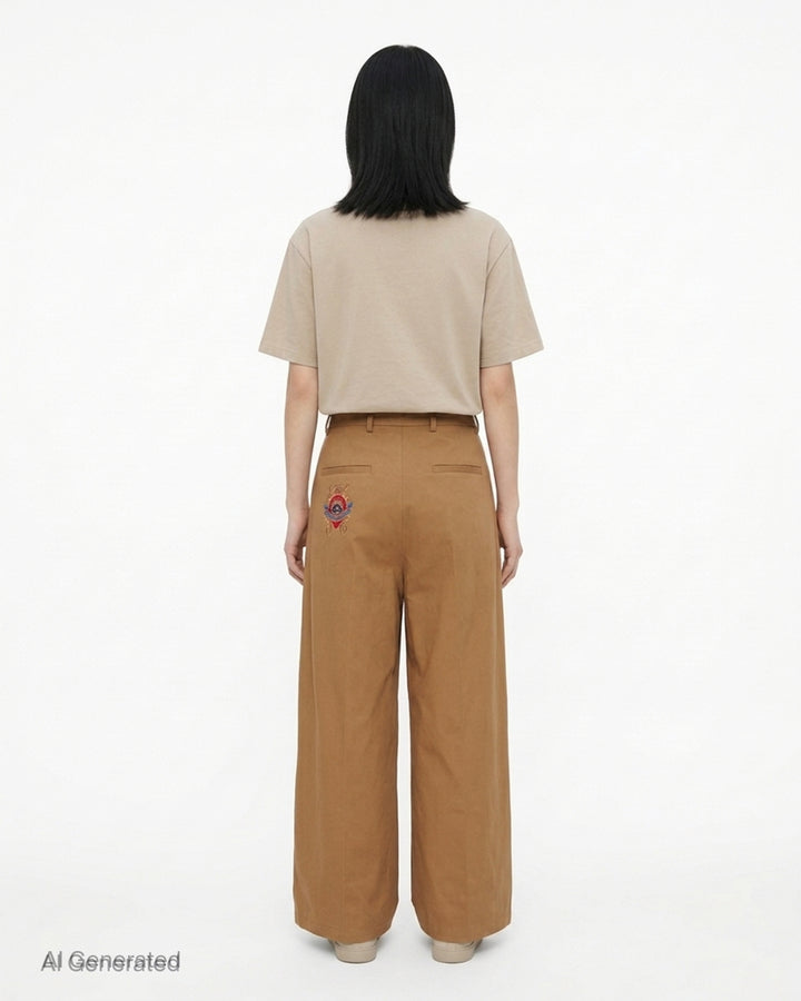 House of Errors pleated wide-leg trousers in camel brown, shown front-on with double front pleats and a high-rise waist - back