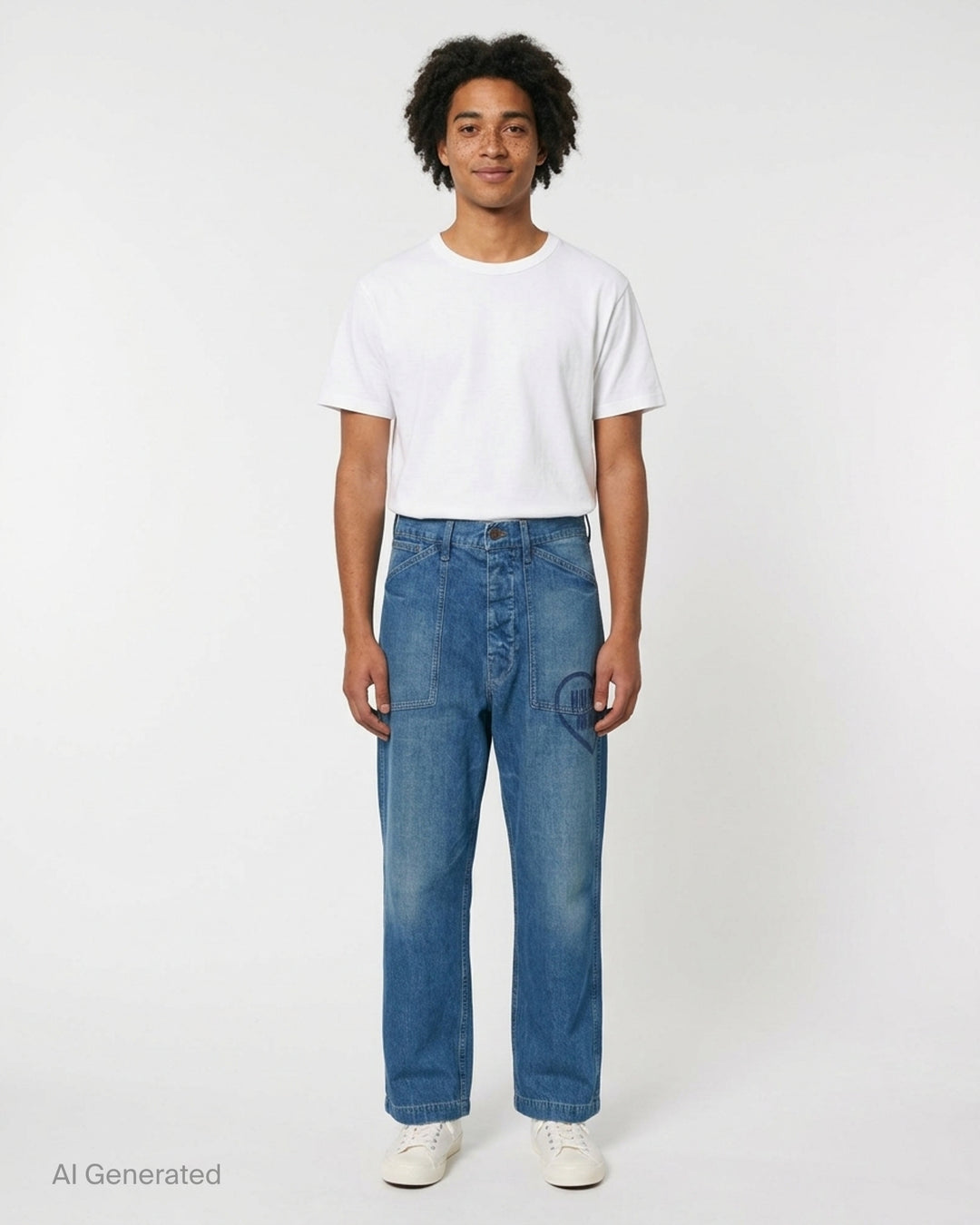 Human Made baggy denim pants in washed mid-blue with oversized patch pockets and a heart logo print on the leg, shown from the front - front