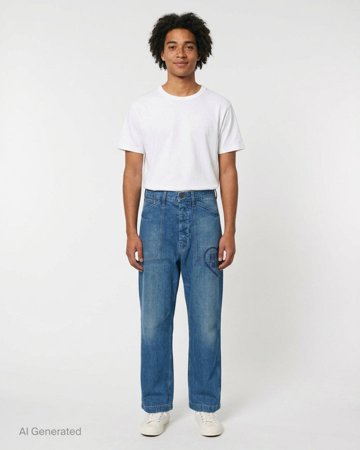 Human Made baggy denim pants in washed mid-blue with oversized patch pockets and a heart logo print on the leg, shown from the front - front