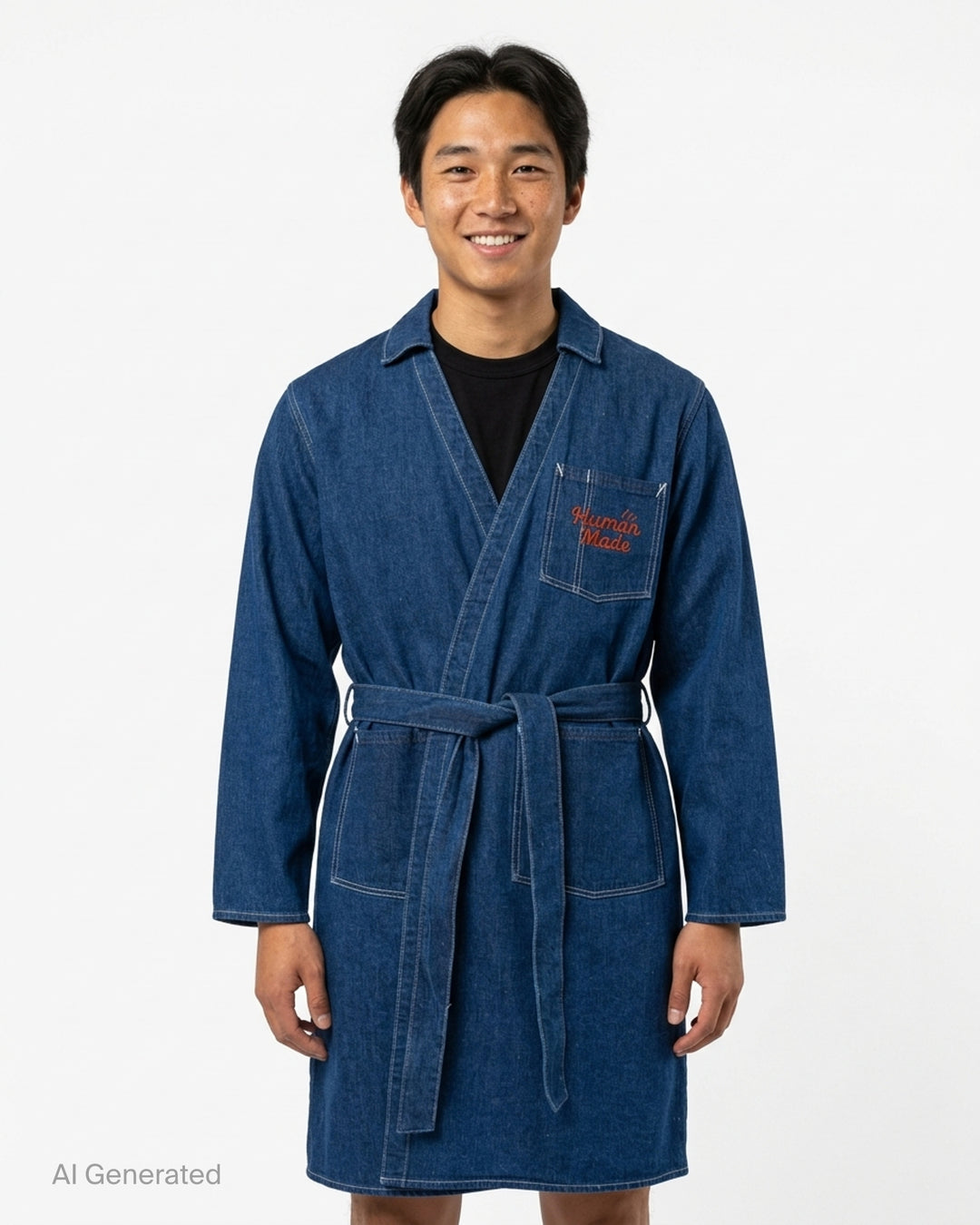 Human Made indigo denim work coat with wrap front, self-tie belt, patch pockets and orange embroidered logo on the chest pocket - front