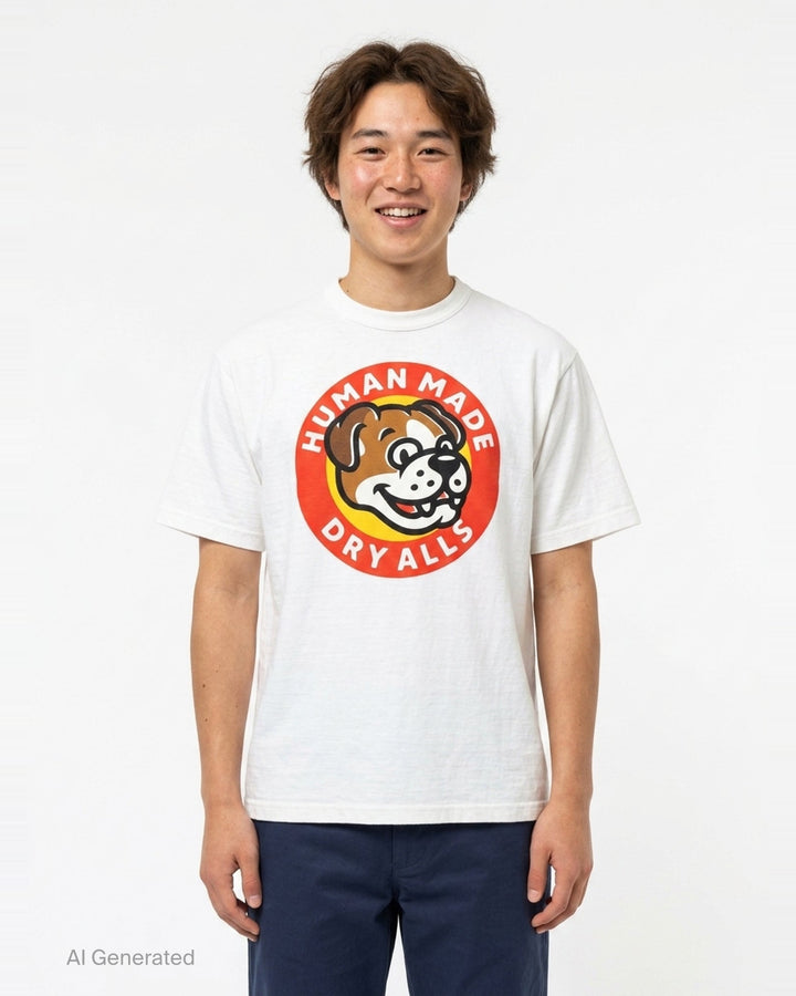 Human Made Dry Alls Graphic Tee in black, featuring a large circular bulldog mascot badge print at the chest with red, yellow, and white detailing - front