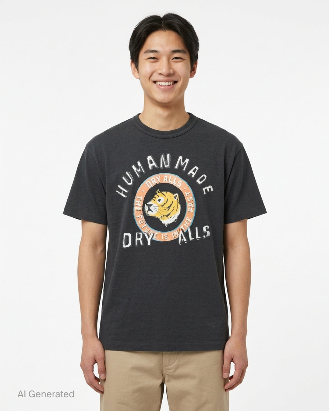 Human Made black short-sleeve graphic t-shirt featuring a tiger head crest, 'Dry Alls' circular slogan and painted-style Human Made lettering on the chest - front