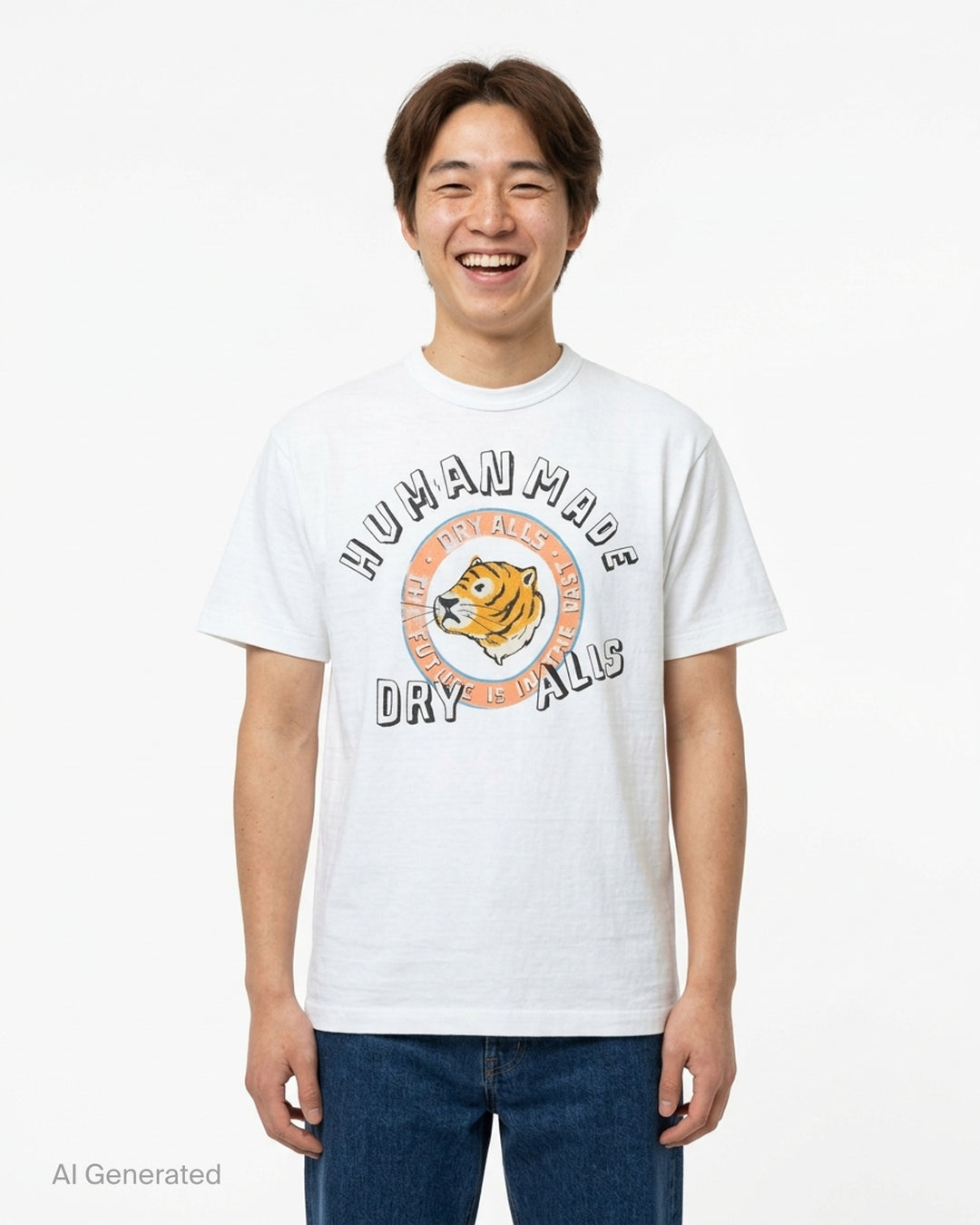 Human Made black short-sleeve graphic t-shirt featuring a tiger head crest, 'Dry Alls' circular slogan and painted-style Human Made lettering on the chest - front