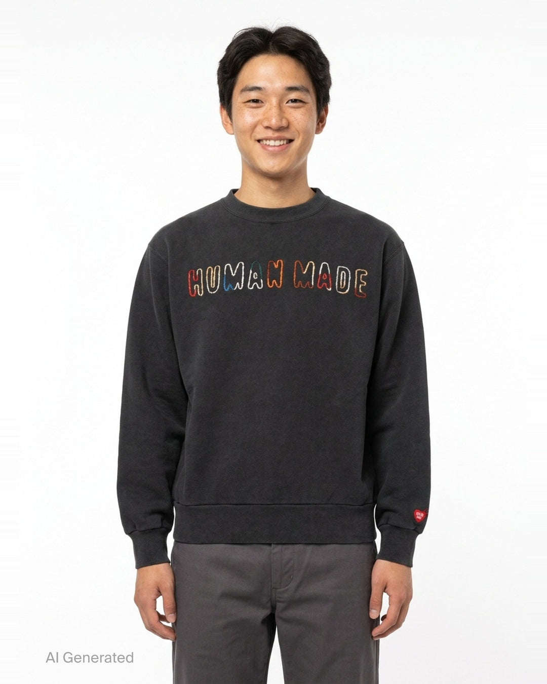 Human Made Embroidered Crewneck Sweatshirt in washed black with multicolour chain-stitch logo lettering across the chest and a heart logo patch on the cuff - front