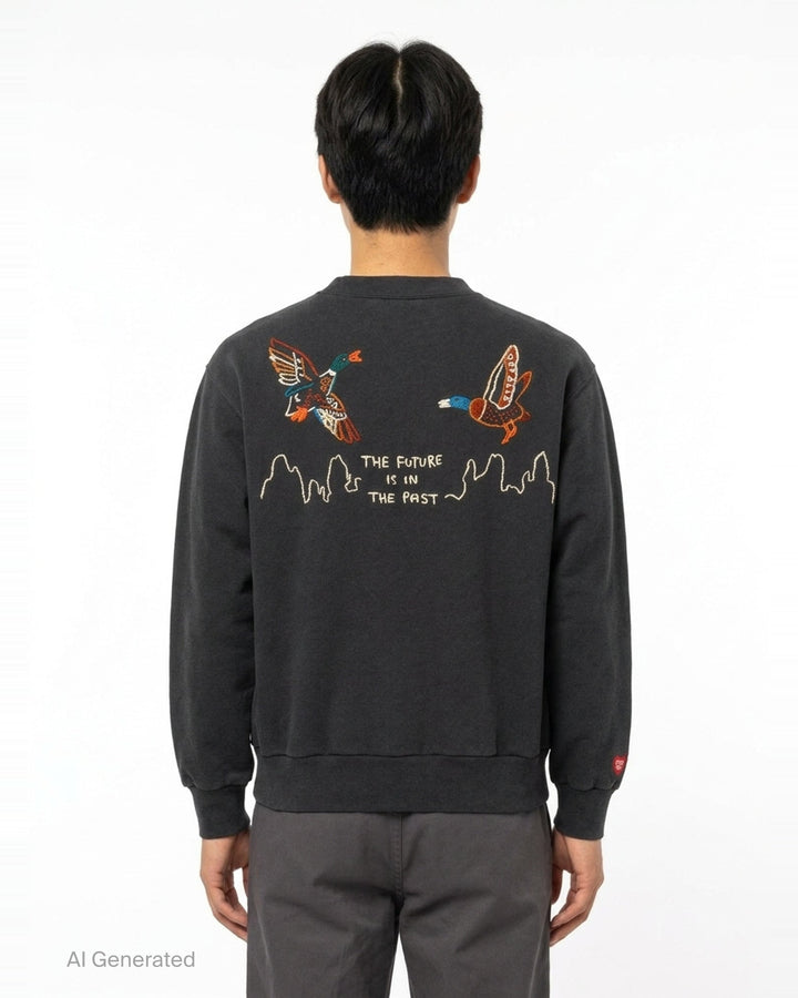 Human Made Embroidered Crewneck Sweatshirt in washed black with multicolour chain-stitch logo lettering across the chest and a heart logo patch on the cuff - back