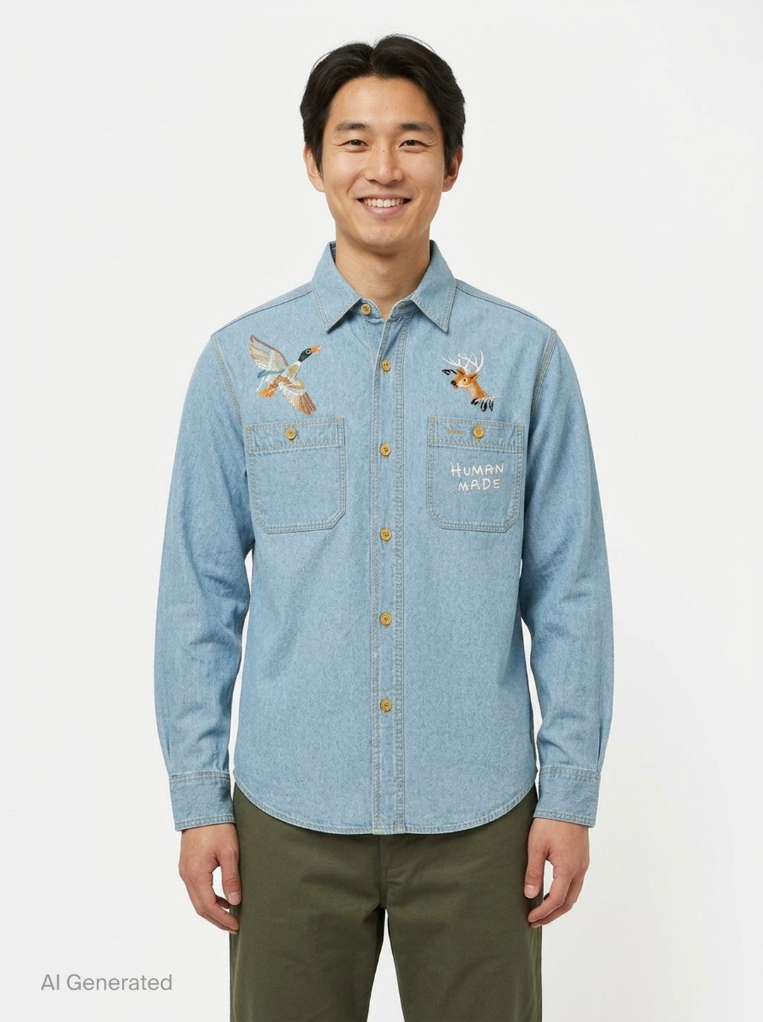 Human Made Embroidered Long Sleeve Chambray Shirt in light-wash denim, featuring a flying duck and deer head embroidery above dual chest pockets, with amber buttons and Human Made script embroidery - front