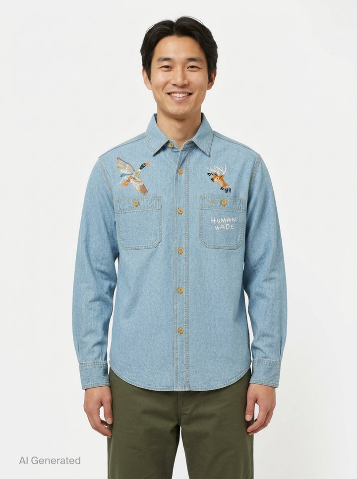 Human Made Embroidered Long Sleeve Chambray Shirt in light-wash denim, featuring a flying duck and deer head embroidery above dual chest pockets, with amber buttons and Human Made script embroidery - front