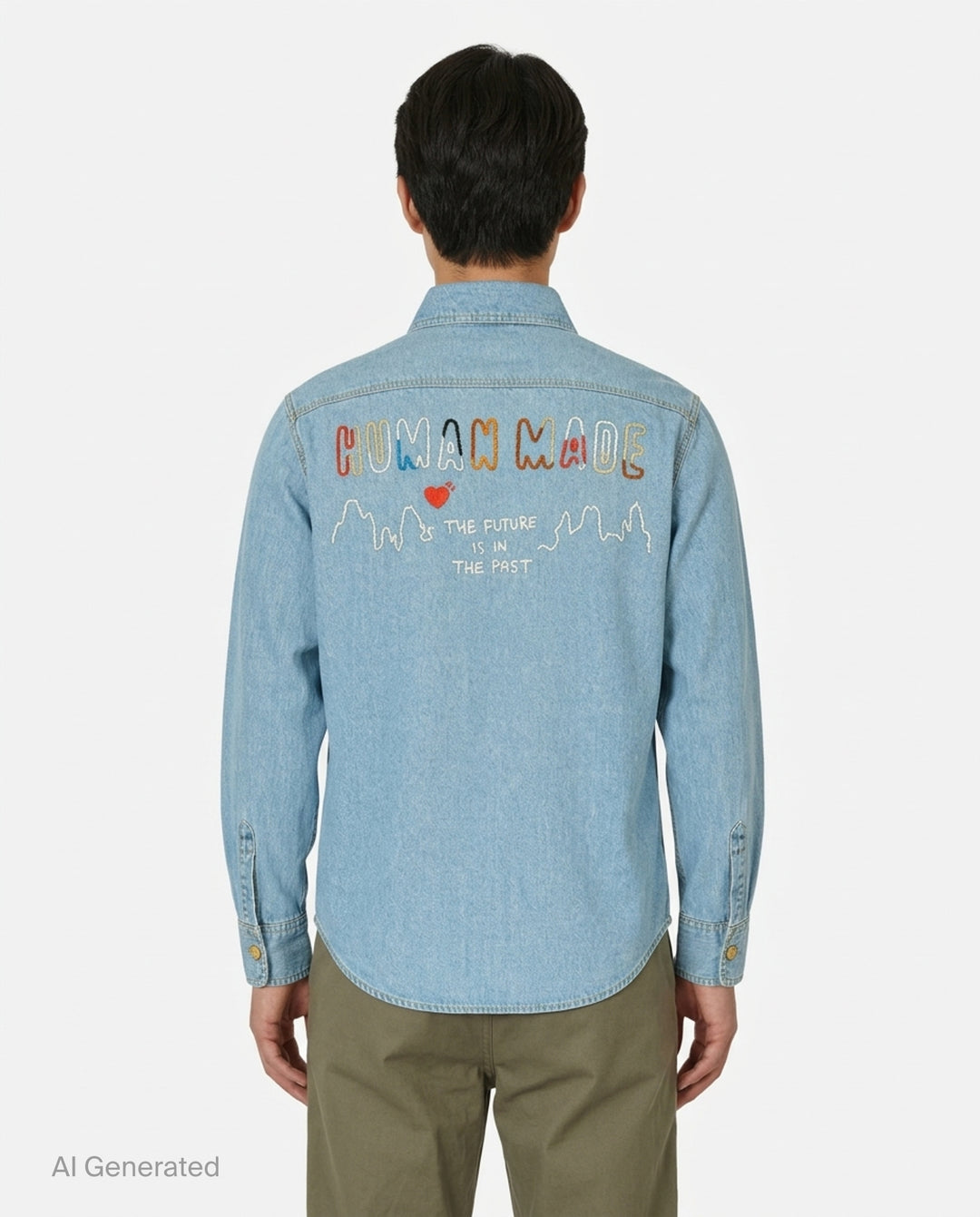 Human Made Embroidered Long Sleeve Chambray Shirt in light-wash denim, featuring a flying duck and deer head embroidery above dual chest pockets, with amber buttons and Human Made script embroidery - back