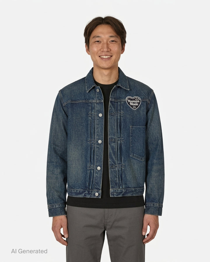 Human Made washed indigo denim work jacket with pleated front, button closure and heart-shaped logo patch on the chest - front