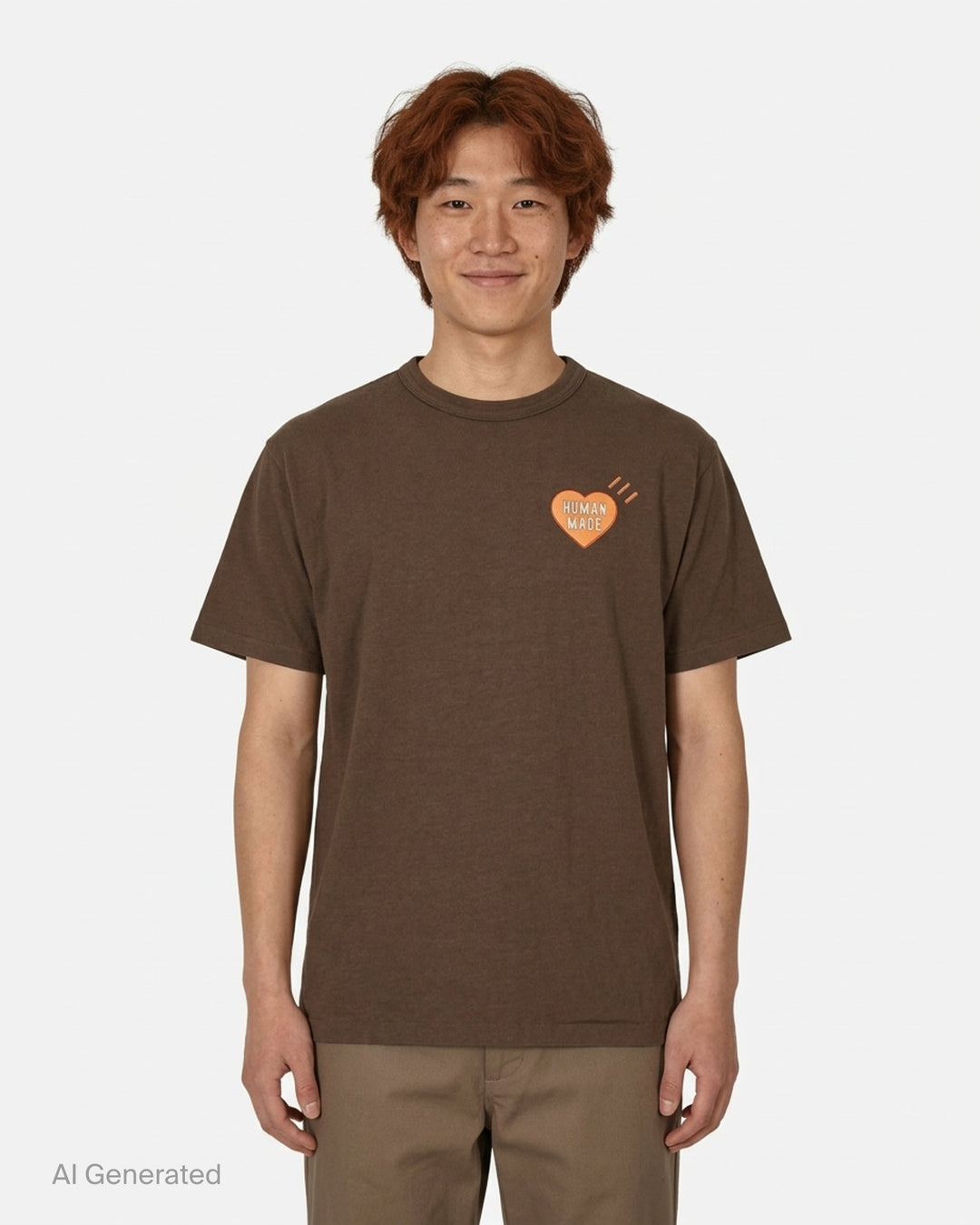 Human Made brown short-sleeve graphic T-shirt with an orange heart logo print at the chest and a red woven label at the neck - front