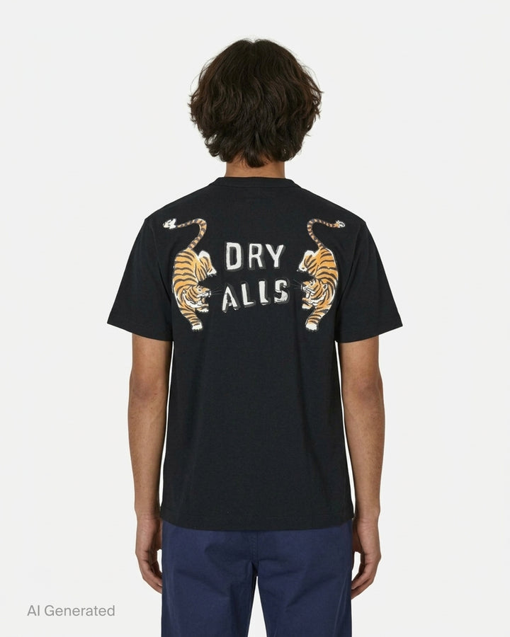 Human Made black short sleeve graphic t-shirt with white and grey hand-drawn arched logo print on the chest - back