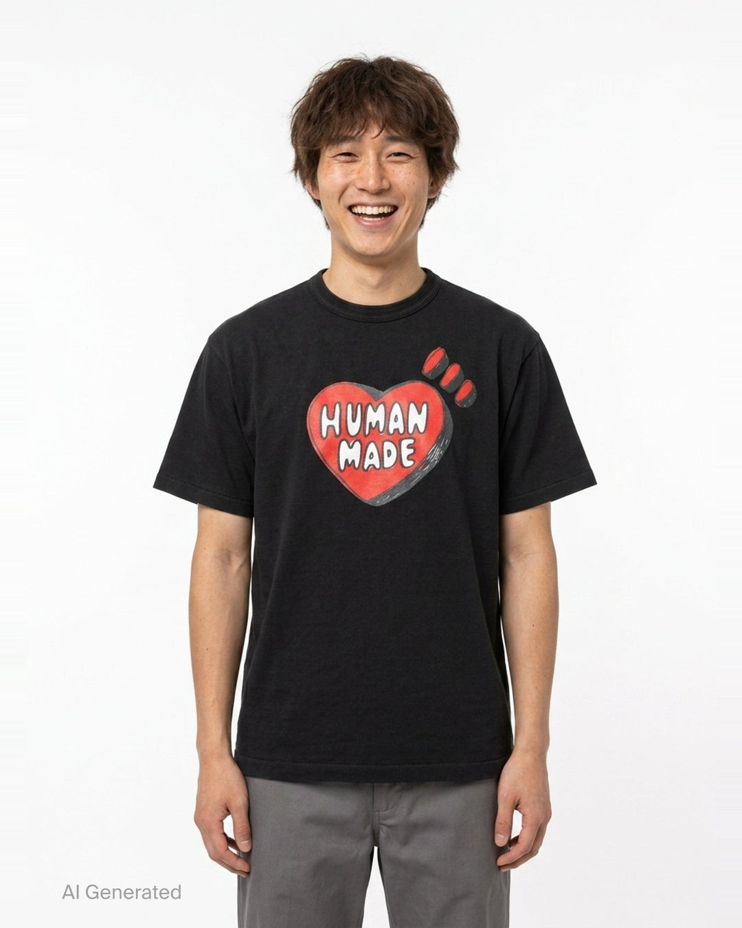 Human Made black short sleeve crew neck t-shirt with a large red hand-drawn heart graphic and 'Human Made' bubble lettering on the chest - front