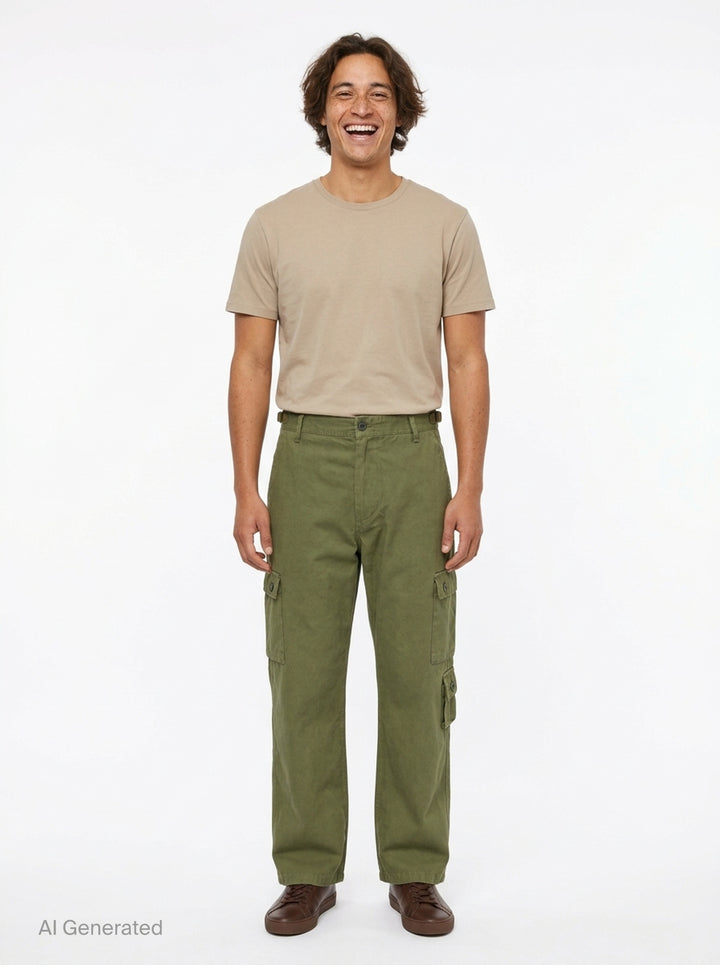 Human Made multi-pocket cargo pants in dark espresso brown, featuring a wide-leg silhouette, buckle waistband, and multiple buttoned utility cargo pockets - front