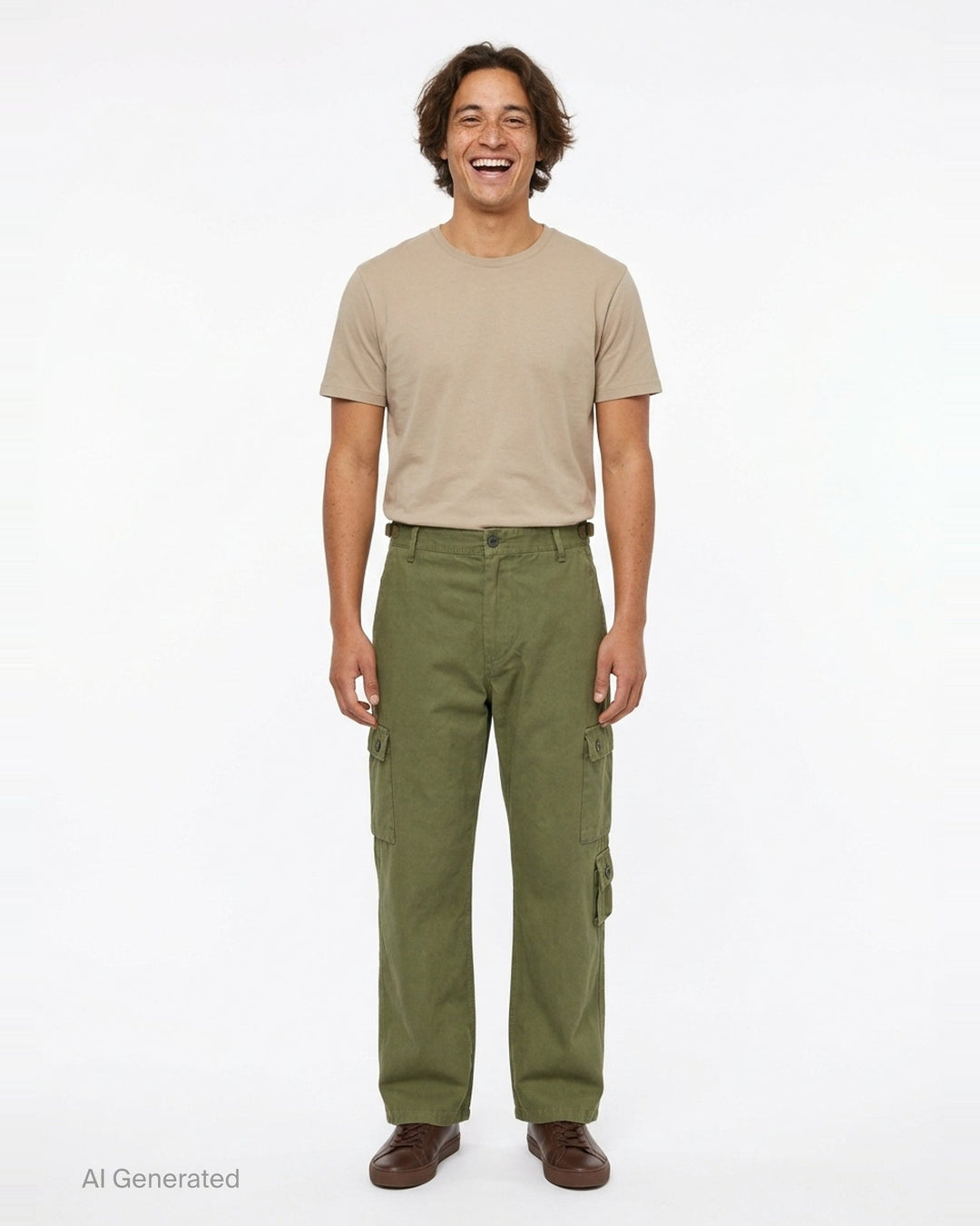 Human Made multi-pocket cargo pants in dark espresso brown, featuring a wide-leg silhouette, buckle waistband, and multiple buttoned utility cargo pockets - front