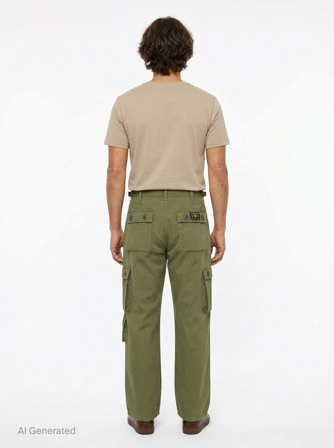 Human Made multi-pocket cargo pants in dark espresso brown, featuring a wide-leg silhouette, buckle waistband, and multiple buttoned utility cargo pockets - back