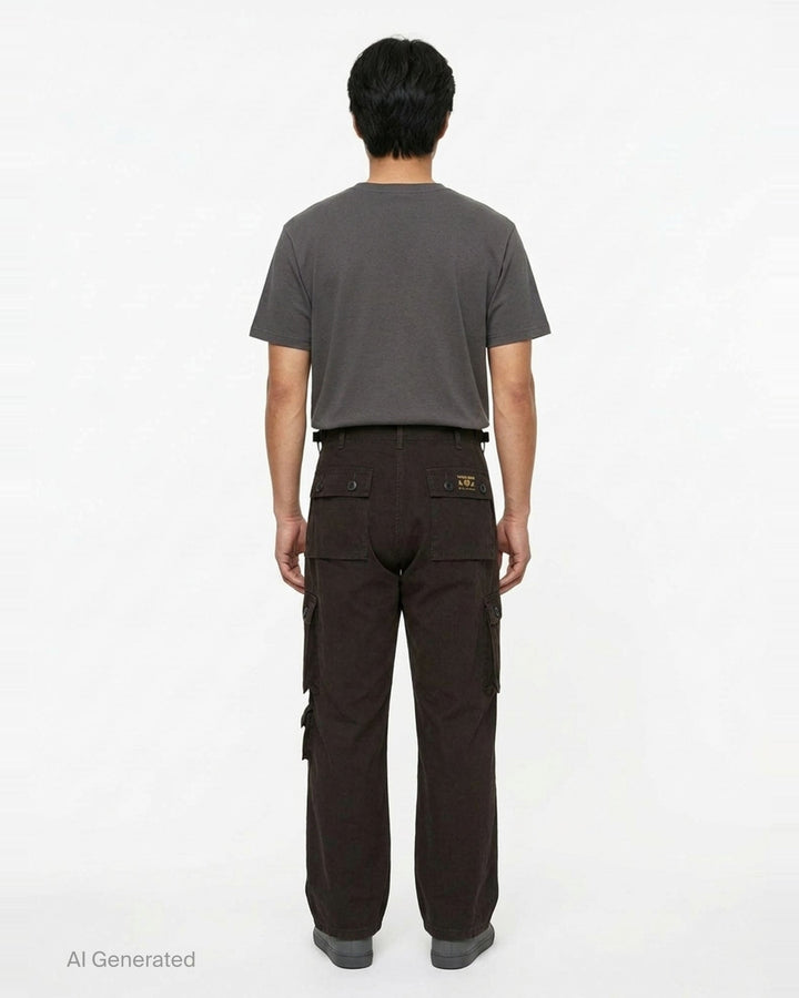 Human Made multi-pocket cargo pants in dark espresso brown, featuring a wide-leg silhouette, buckle waistband, and multiple buttoned utility cargo pockets - back