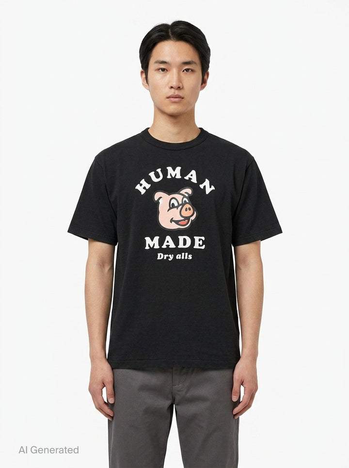 Human Made black short sleeve crew neck tee with smiling pig mascot graphic and arched 'Human Made Dry Alls' slogan print on the chest - front
