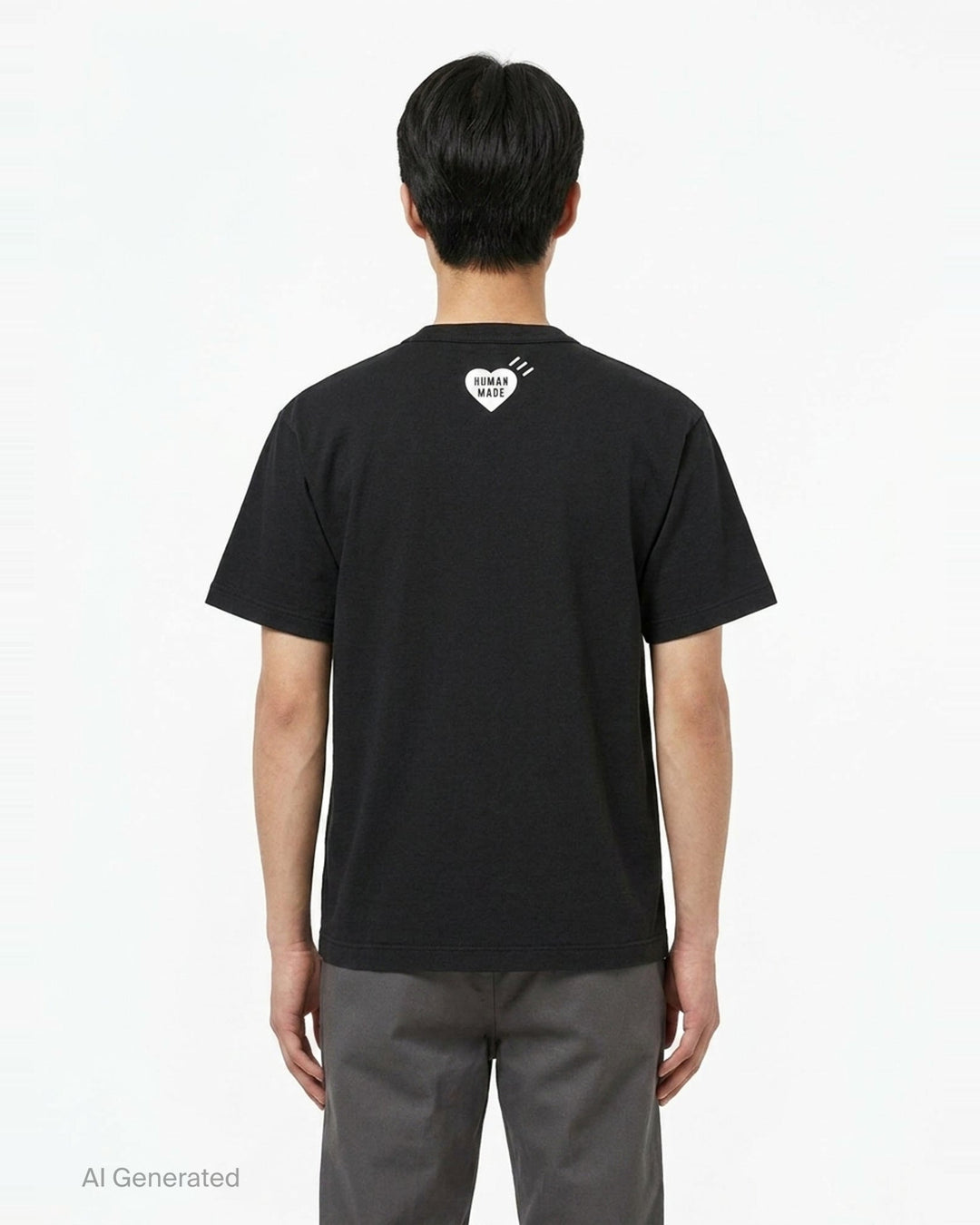 Human Made black short sleeve crew neck tee with smiling pig mascot graphic and arched 'Human Made Dry Alls' slogan print on the chest - back