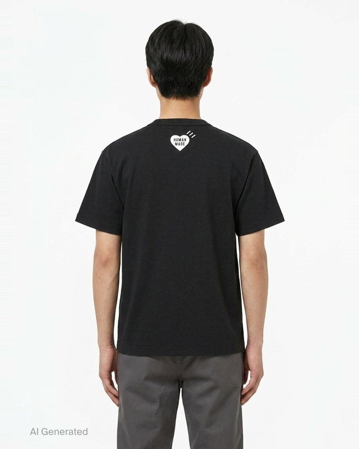 Human Made black short sleeve crew neck tee with smiling pig mascot graphic and arched 'Human Made Dry Alls' slogan print on the chest - back