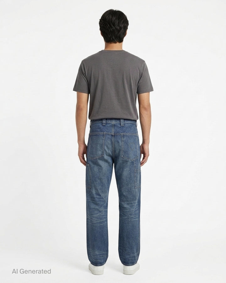 Human Made slim denim pants in a washed mid-indigo finish, shown front-facing with button fly and contrast topstitching - back