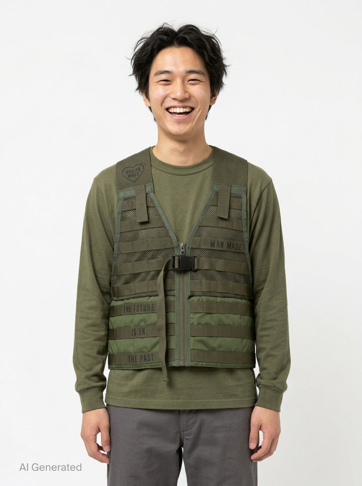 Human Made Tactical Military Vest in olive green featuring MOLLE webbing, mesh ventilation panels, centre-front zip, quick-release buckle, and 'The Future Is In The Past' slogan print - front