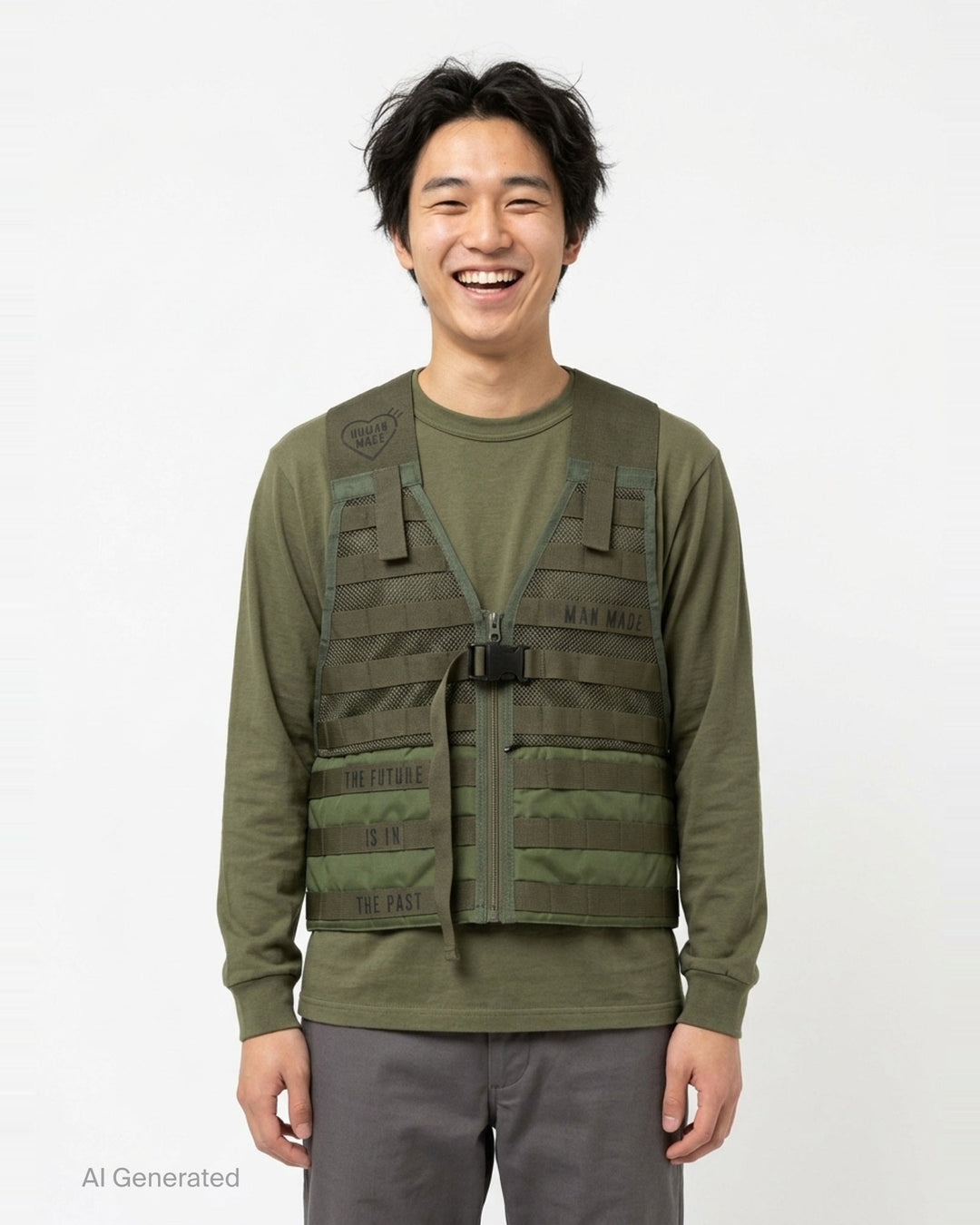 Human Made Tactical Military Vest in olive green featuring MOLLE webbing, mesh ventilation panels, centre-front zip, quick-release buckle, and 'The Future Is In The Past' slogan print - front