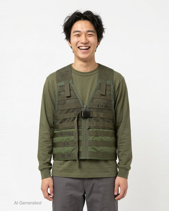 Human Made Tactical Military Vest in olive green featuring MOLLE webbing, mesh ventilation panels, centre-front zip, quick-release buckle, and 'The Future Is In The Past' slogan print - front