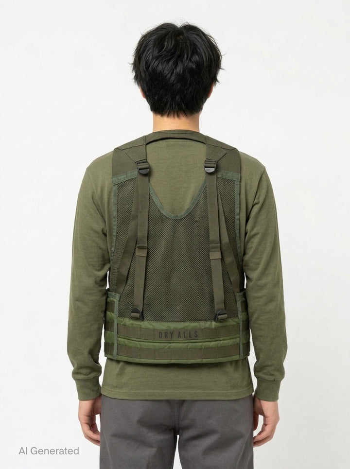 Human Made Tactical Military Vest in olive green featuring MOLLE webbing, mesh ventilation panels, centre-front zip, quick-release buckle, and 'The Future Is In The Past' slogan print - back