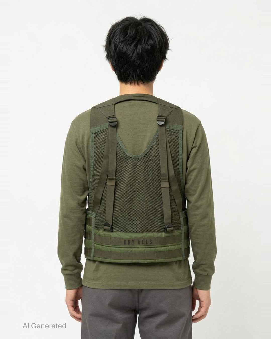 Human Made Tactical Military Vest in olive green featuring MOLLE webbing, mesh ventilation panels, centre-front zip, quick-release buckle, and 'The Future Is In The Past' slogan print - back