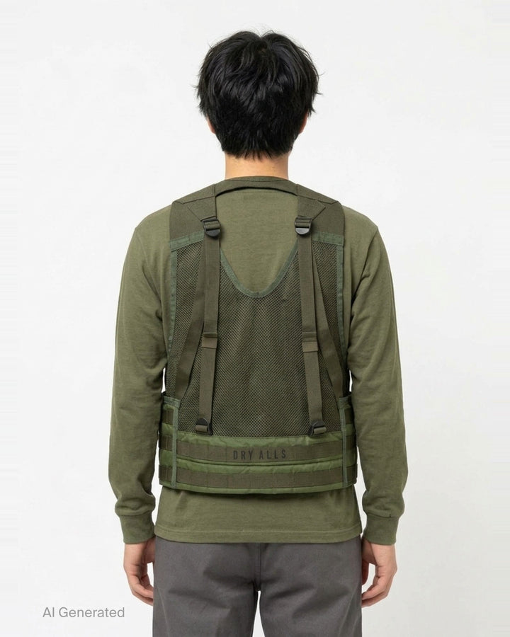 Human Made Tactical Military Vest in olive green featuring MOLLE webbing, mesh ventilation panels, centre-front zip, quick-release buckle, and 'The Future Is In The Past' slogan print - back
