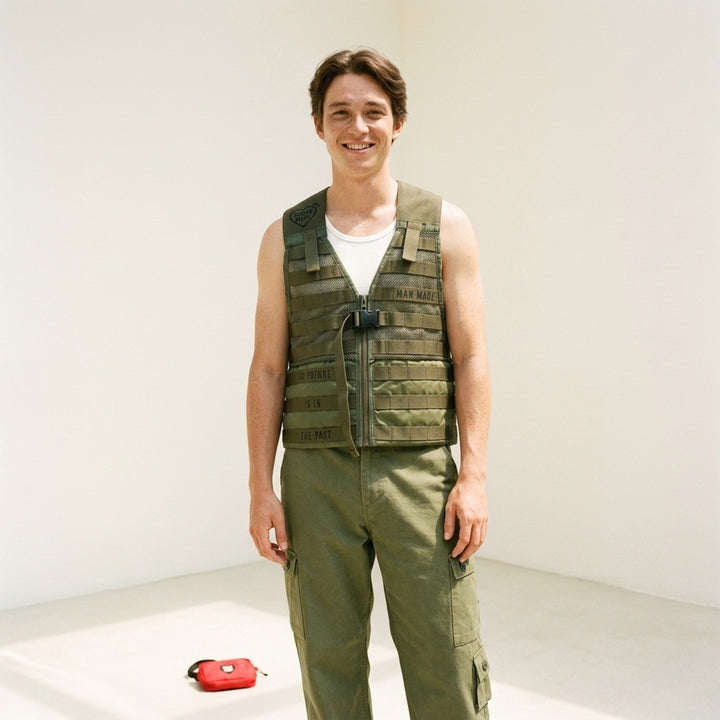 Human Made Tactical Military Vest in olive green featuring MOLLE webbing, mesh ventilation panels, centre-front zip, quick-release buckle, and 'The Future Is In The Past' slogan print - lifestyle