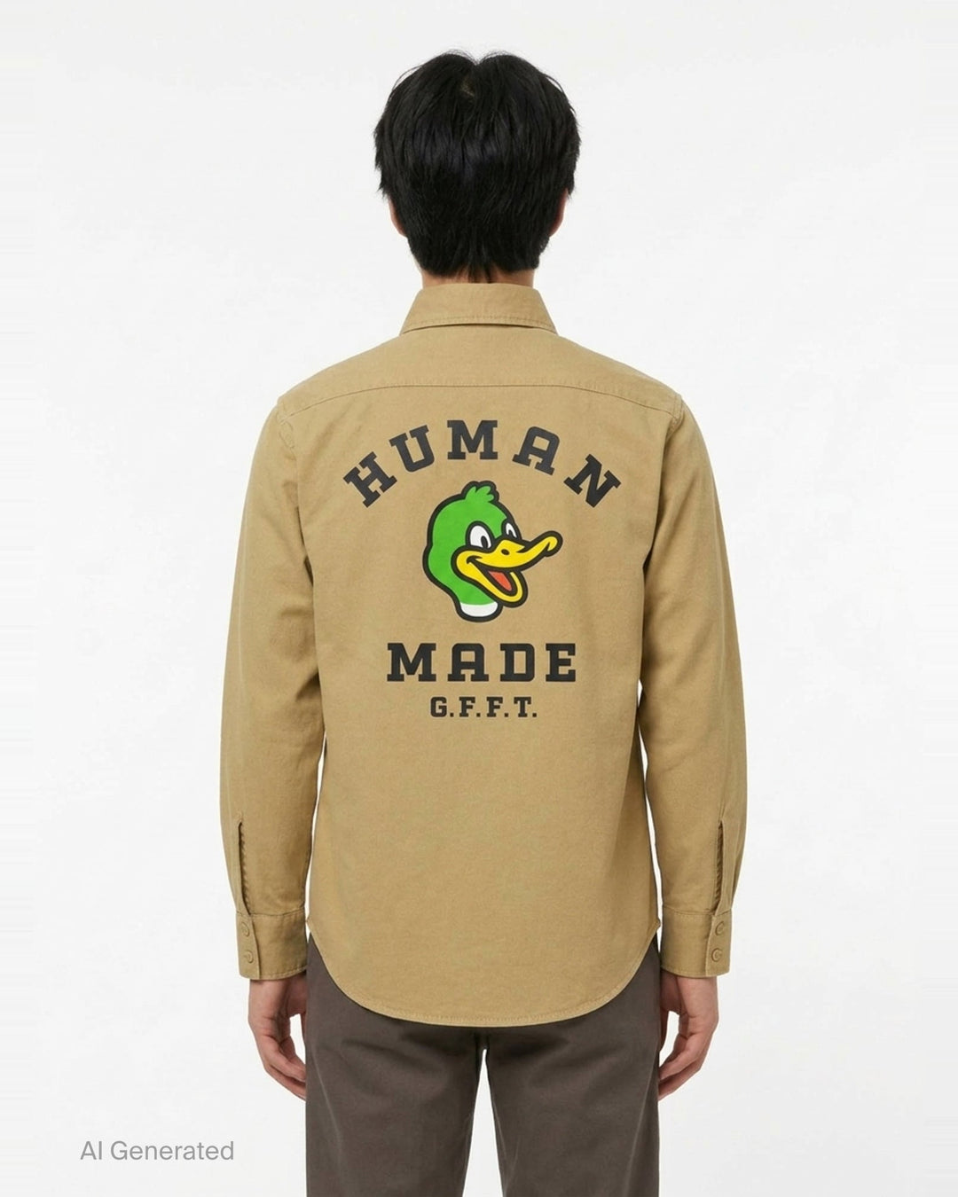 Human Made Twill Epaulette Long Sleeve Shirt in khaki cotton twill, featuring epaulette shoulders, twin flap chest pockets, button-down front placket, and a woven Human Made branding patch on the chest - back