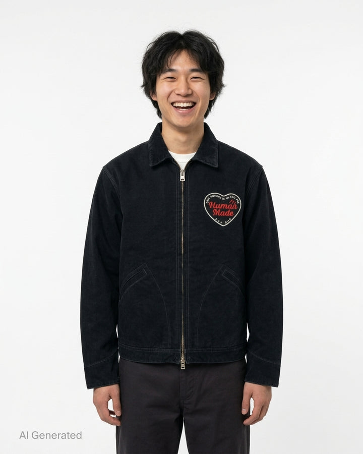 Human Made black zip-up work jacket with corduroy collar, brass two-way zip and embroidered red and white heart logo patch on the chest - front