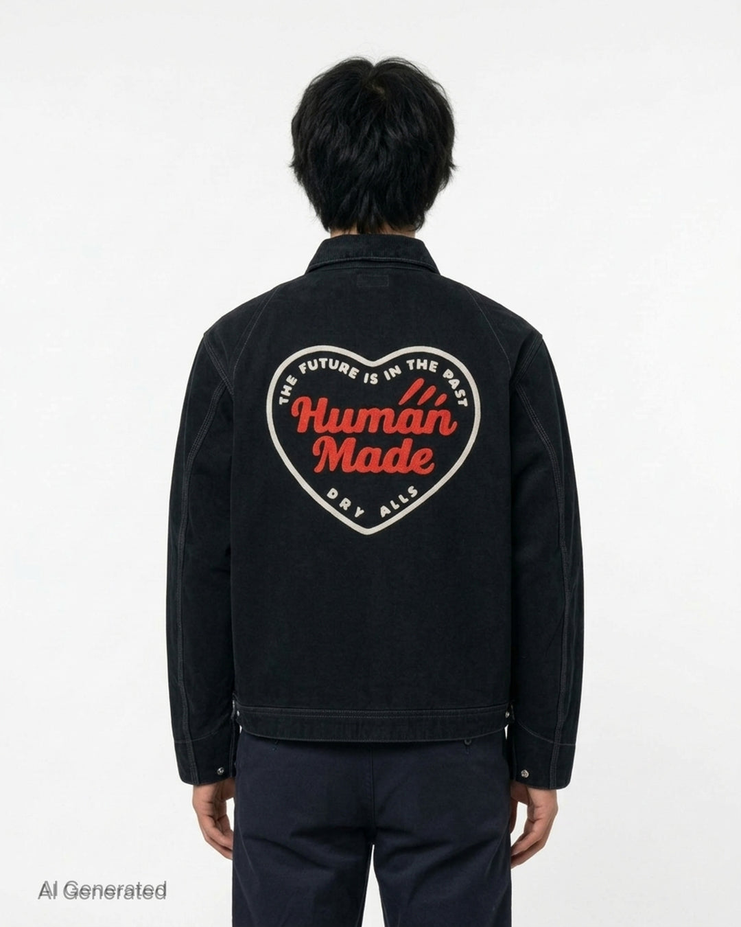 Human Made black zip-up work jacket with corduroy collar, brass two-way zip and embroidered red and white heart logo patch on the chest - back
