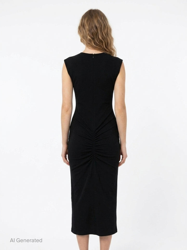 Jacquemus Alba sleeveless black woven midi dress with round neckline, structured shoulders, and body-skimming silhouette, shown from the front against a white background - back