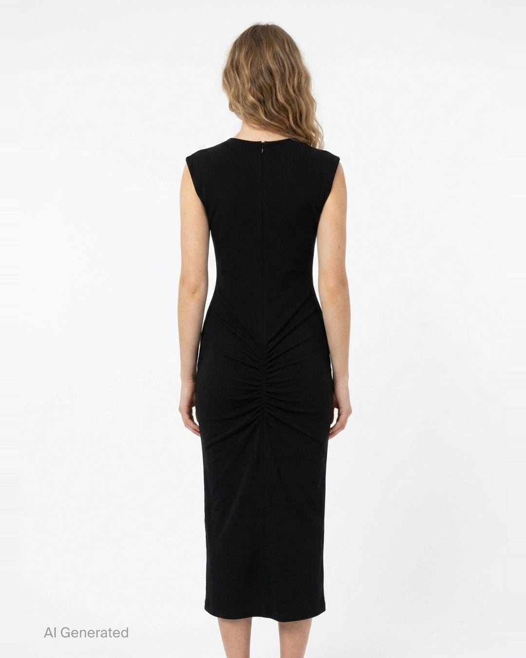 Jacquemus Alba sleeveless black woven midi dress with round neckline, structured shoulders, and body-skimming silhouette, shown from the front against a white background - back