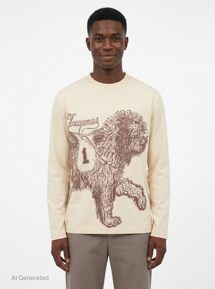 Jacquemus Le T-Shirt Bichon in ecru — long-sleeve crew-neck tee featuring a tonal brown hand-drawn curly dog illustration with a varsity number bib and cursive Jacquemus script across the front - front