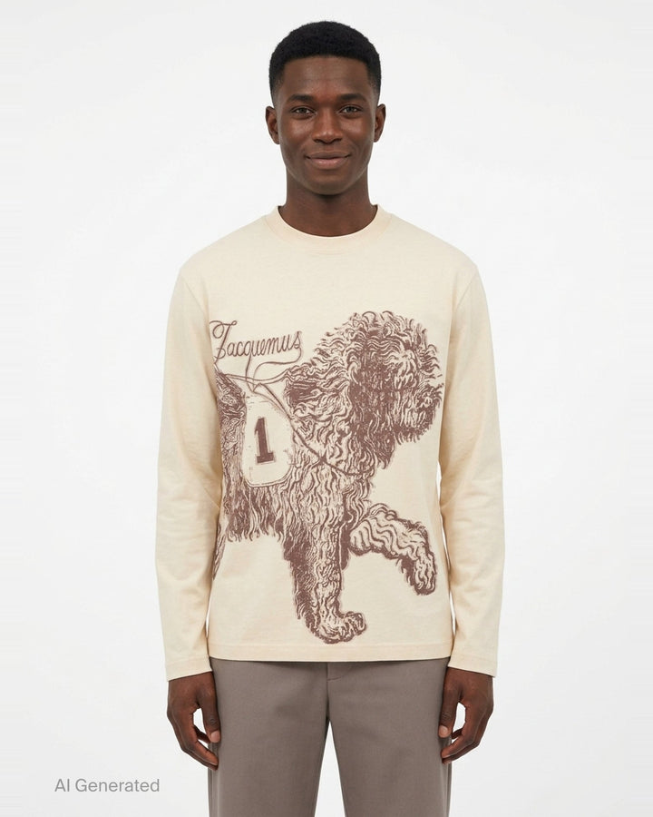 Jacquemus Le T-Shirt Bichon in ecru — long-sleeve crew-neck tee featuring a tonal brown hand-drawn curly dog illustration with a varsity number bib and cursive Jacquemus script across the front - front