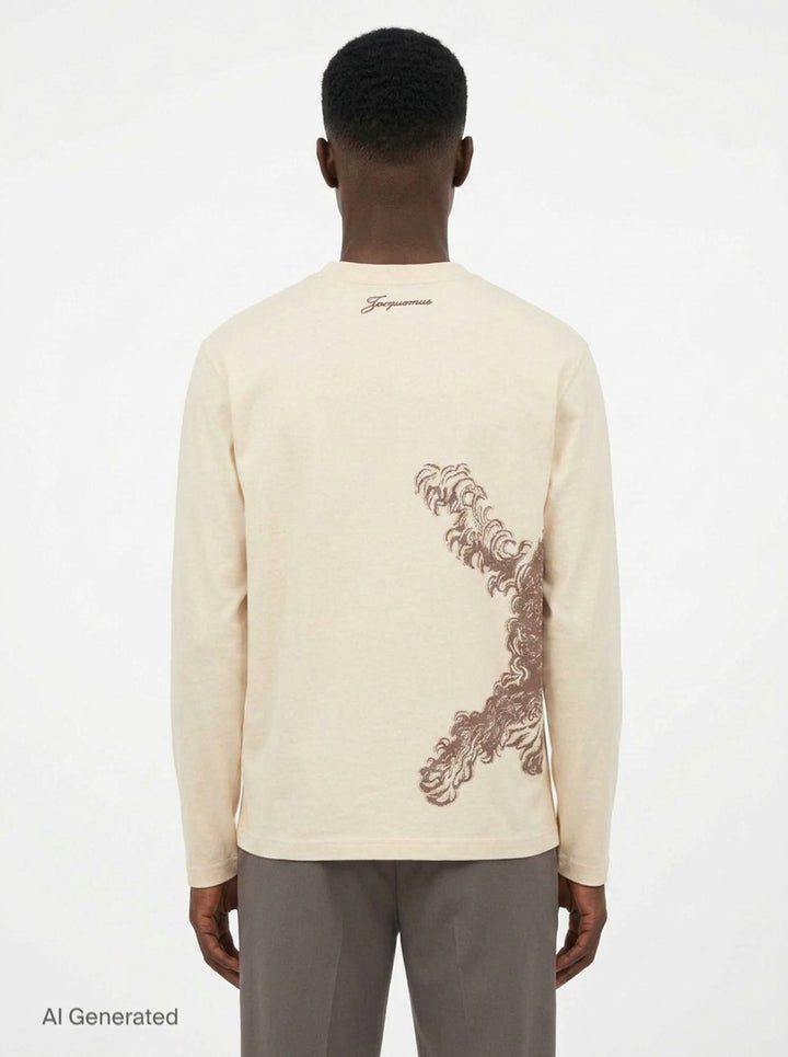 Jacquemus Le T-Shirt Bichon in ecru — long-sleeve crew-neck tee featuring a tonal brown hand-drawn curly dog illustration with a varsity number bib and cursive Jacquemus script across the front - back