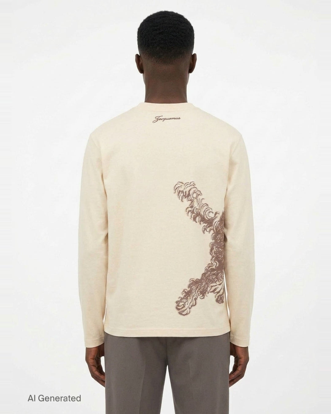 Jacquemus Le T-Shirt Bichon in ecru — long-sleeve crew-neck tee featuring a tonal brown hand-drawn curly dog illustration with a varsity number bib and cursive Jacquemus script across the front - back