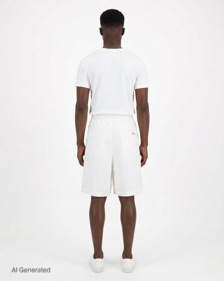 Jacquemus white pyjama shorts with sketched chain print down the legs, elasticated waistband and contrast red side stripe - back
