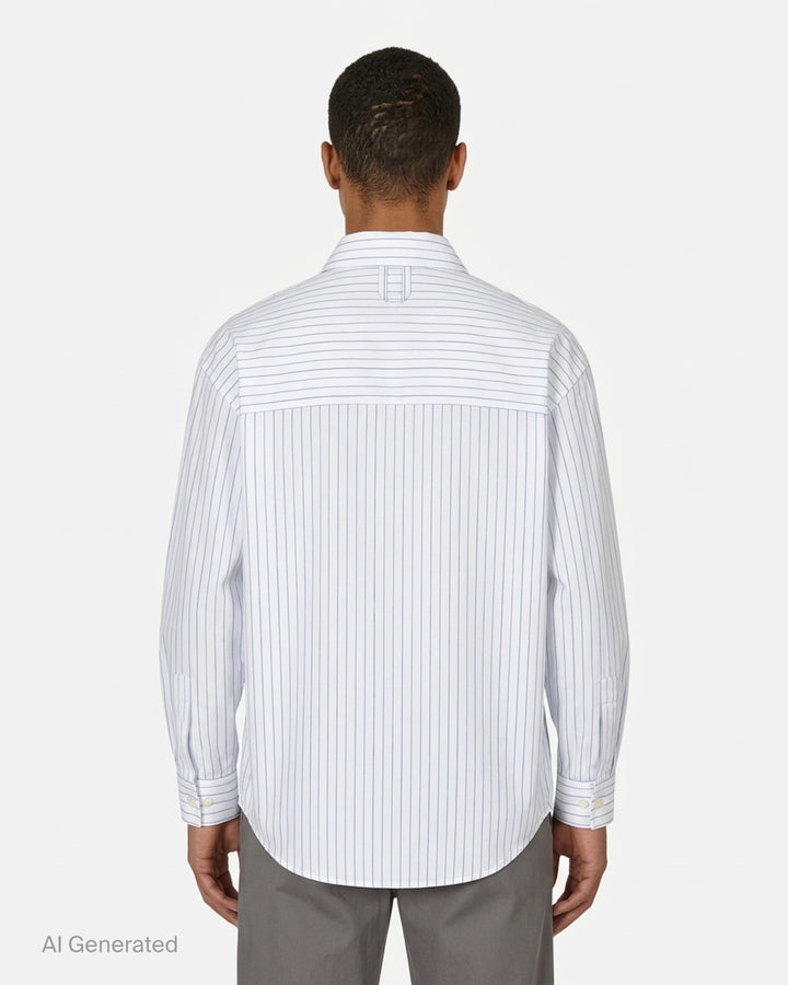 Jacquemus Cuadro long sleeve shirt in white with blue pinstripes, chest pocket and pink script logo embroidery - back