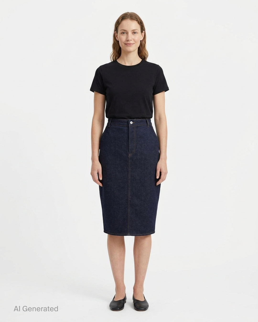 Jacquemus La Jupe Cubisto dark indigo denim midi skirt with contrast topstitching, high waist, and curved sculptural silhouette, shown from the front - front